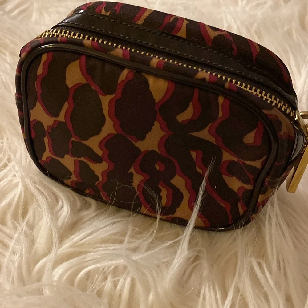 Tory Burch Brown Leopard Print Cosmetic Case with Gold Logo